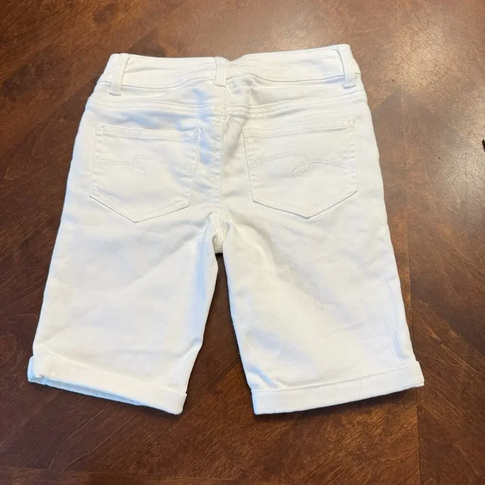 Justice Girls Sz 12 Slim White Bermuda Shorts 5 pocket roll leg belt loops EUC